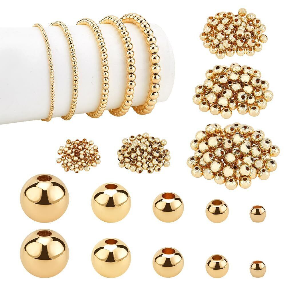 14K Gold Plated Spacer Beads, 300pcs Round Brass Beads 5 Size Metal